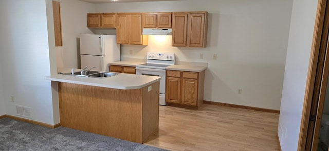 5293 Manchester Dr Unit 1, Maple Plain, MN 55359 - kitchen with white appliances, under cabinet range hood, light countertops, light wood-type flooring, and a peninsula