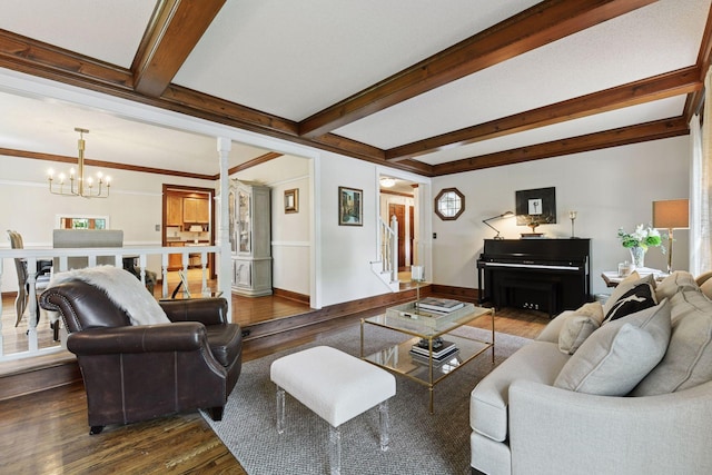 10301 Brunswick Cir, Bloomington, MN 55438 - living area with dark wood-type flooring, a chandelier, and beam ceiling