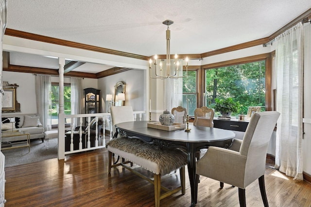 10301 Brunswick Cir, Bloomington, MN 55438 - dining area with a chandelier, wood finished floors, ornamental molding, and a textured ceiling
