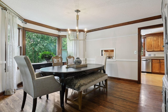 10301 Brunswick Cir, Bloomington, MN 55438 - dining room featuring a chandelier, crown molding, wood finished floors, and a textured ceiling