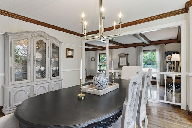 10301 Brunswick Cir, Bloomington, MN 55438 - dining area featuring a chandelier, wood finished floors, ornamental molding, and beam ceiling