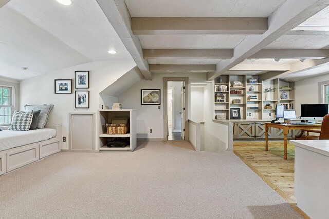 10301 Brunswick Cir, Bloomington, MN 55438 - bedroom with light colored carpet, a desk, recessed lighting, and beamed ceiling
