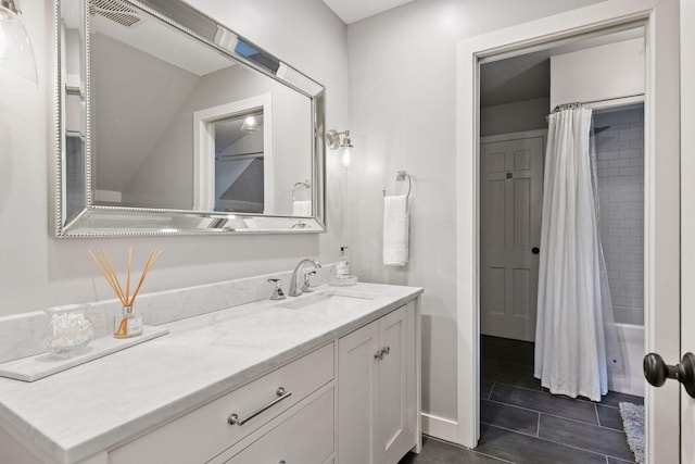 10301 Brunswick Cir, Bloomington, MN 55438 - bathroom featuring vanity, tile patterned flooring, and a shower with shower curtain