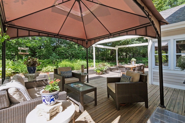 10301 Brunswick Cir, Bloomington, MN 55438 - wooden terrace with a gazebo, an outdoor living space, and outdoor dining area