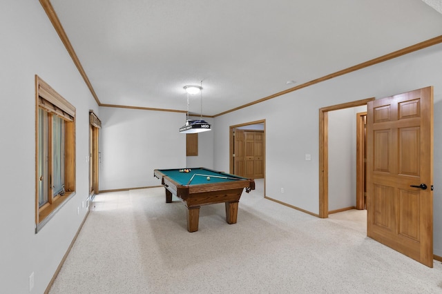 13756 Skyline Cir, Louisville Twp, MN 55379 - game room featuring crown molding, pool table, and light colored carpet