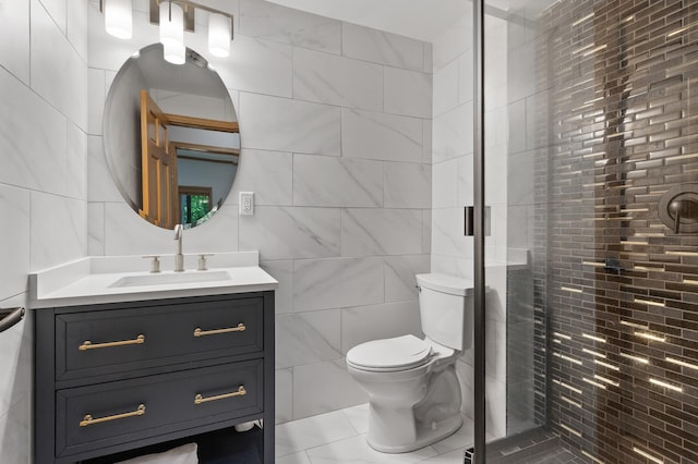13756 Skyline Cir, Louisville Twp, MN 55379 - bathroom with tile walls, vanity, a shower stall, and tile patterned flooring