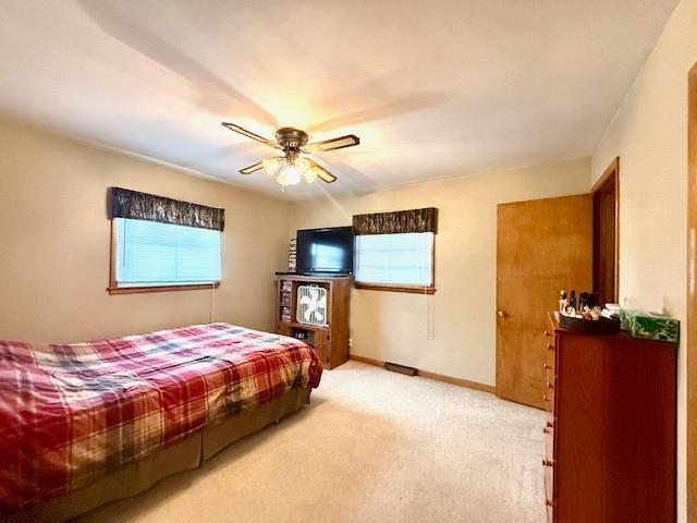 819 Washington St E, Caledonia, MN 55921 - bedroom with multiple windows, light colored carpet, and a ceiling fan