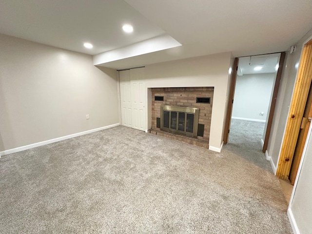 434 Rose Ave E, Saint Paul, MN 55130 - unfurnished living room featuring carpet flooring, a fireplace, and recessed lighting