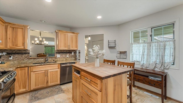 539 Deer Ridge Ln S, Maplewood, MN 55119 - kitchen featuring butcher block counters, dishwasher, backsplash, gas range oven, and a chandelier