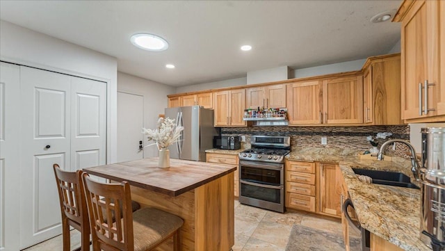 539 Deer Ridge Ln S, Maplewood, MN 55119 - kitchen with stainless steel appliances, butcher block counters, decorative backsplash, a kitchen bar, and recessed lighting