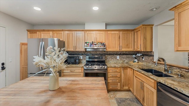 539 Deer Ridge Ln S, Maplewood, MN 55119 - kitchen with appliances with stainless steel finishes, wood counters, and recessed lighting