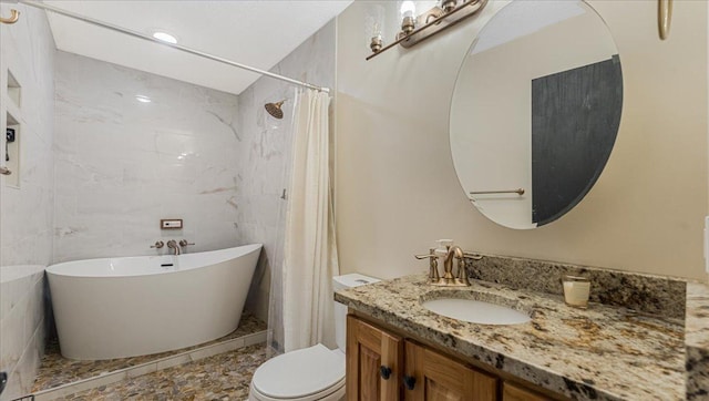 539 Deer Ridge Ln S, Maplewood, MN 55119 - bathroom featuring a freestanding bath, vanity, and a shower with curtain