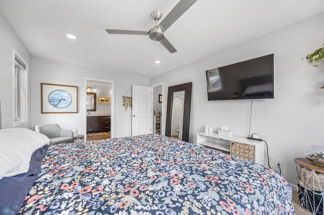 122 15th Ave E, Fargo, ND 58078 - bedroom with ceiling fan, recessed lighting, ensuite bath, and wood finished floors