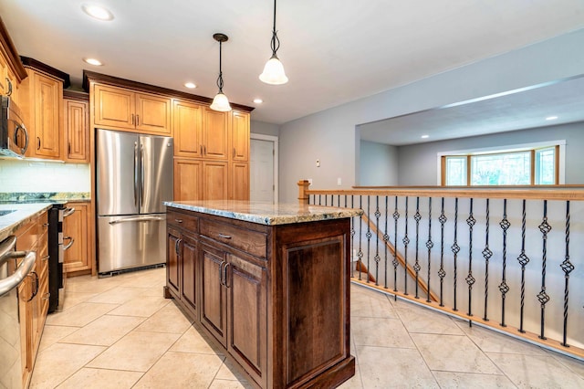 1430 Hoot Lake Dr, Fergus Falls, MN 56537 - kitchen featuring appliances with stainless steel finishes, light stone counters, light tile patterned floors, tasteful backsplash, and recessed lighting