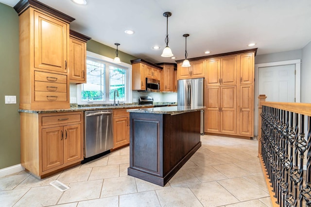 1430 Hoot Lake Dr, Fergus Falls, MN 56537 - kitchen with appliances with stainless steel finishes, stone countertops, a center island, recessed lighting, and hanging light fixtures