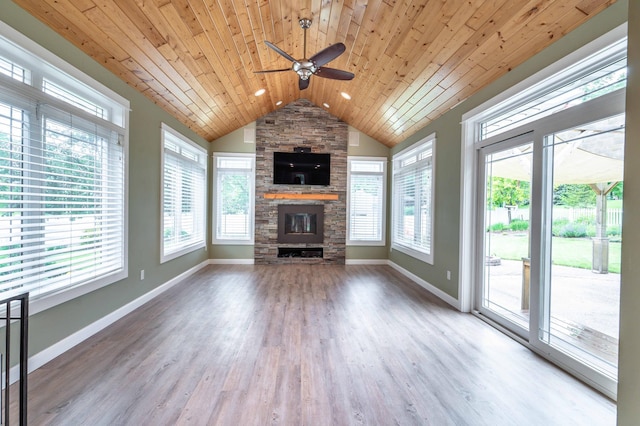 1430 Hoot Lake Dr, Fergus Falls, MN 56537 - unfurnished living room with wood ceiling, healthy amount of natural light, vaulted ceiling, ceiling fan, and a fireplace