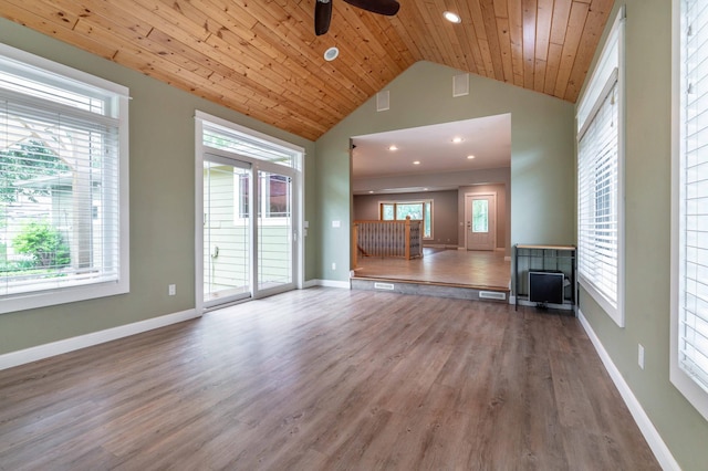 1430 Hoot Lake Dr, Fergus Falls, MN 56537 - unfurnished living room featuring ceiling fan, wood finished floors, vaulted ceiling, wood ceiling, and recessed lighting