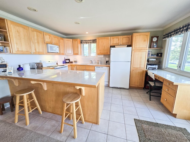 36185 Rose Lake Rd, Hobart Twp, MN 56544 - kitchen featuring open shelves, white appliances, a peninsula, light brown cabinets, and crown molding