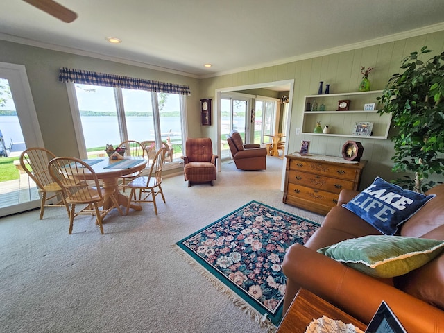 36185 Rose Lake Rd, Hobart Twp, MN 56544 - living area with carpet, ornamental molding, a water view, and recessed lighting