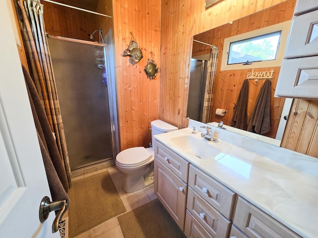 36185 Rose Lake Rd, Hobart Twp, MN 56544 - full bathroom with wooden walls, a stall shower, vanity, and tile patterned floors