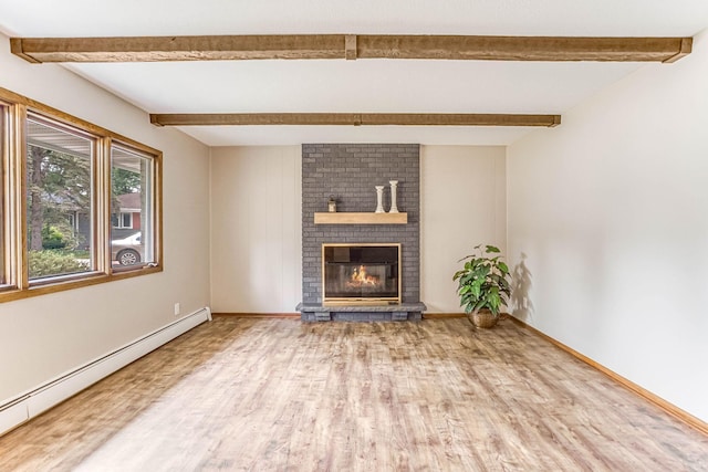 6108 Birchwood Rd, Woodbury, MN 55125 - unfurnished living room featuring a baseboard radiator, wood finished floors, beamed ceiling, and a brick fireplace