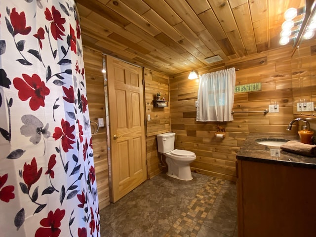 3653 Front St, Barnum, MN 55707 - full bathroom featuring wood walls, vanity, wooden ceiling, and curtained shower