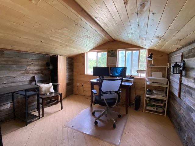 3653 Front St, Barnum, MN 55707 - office area with wood walls, wood-type flooring, vaulted ceiling, and wooden ceiling