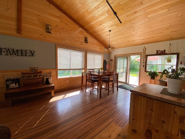 3653 Front St, Barnum, MN 55707 - dining space with hardwood / wood-style floors, healthy amount of natural light, wood walls, wood ceiling, and a chandelier