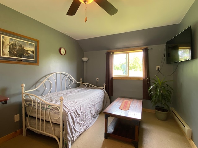 3653 Front St, Barnum, MN 55707 - bedroom with a baseboard radiator, lofted ceiling, and ceiling fan