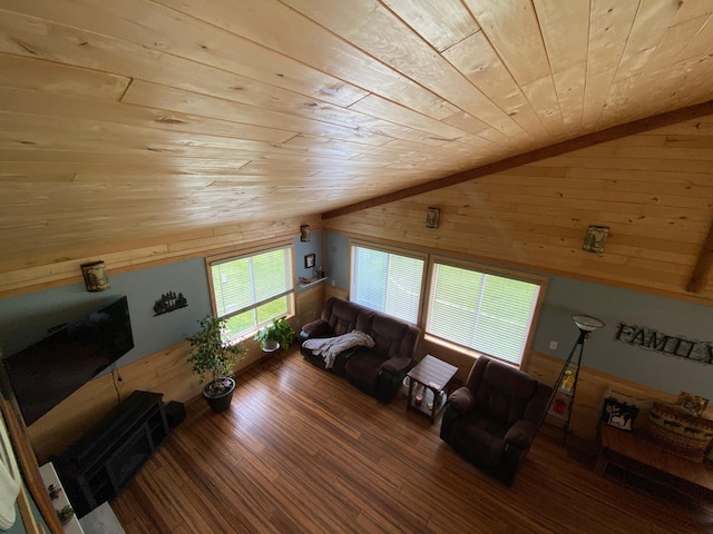 3653 Front St, Barnum, MN 55707 - living area featuring wood ceiling, vaulted ceiling, wood walls, and wood finished floors