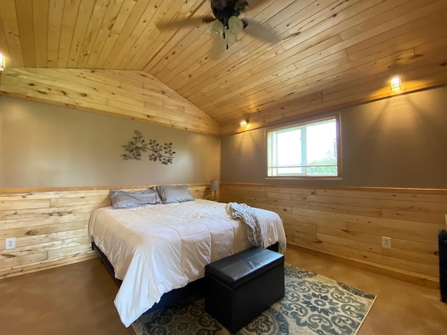 3653 Front St, Barnum, MN 55707 - bedroom featuring wood ceiling, wood walls, a wainscoted wall, vaulted ceiling, and ceiling fan