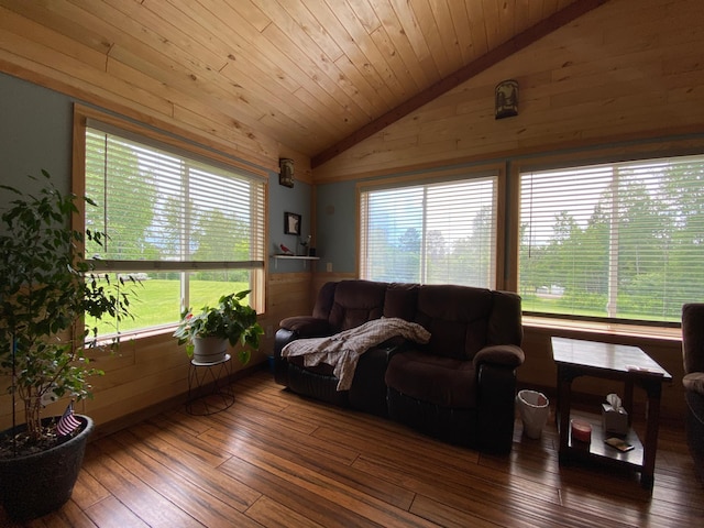 3653 Front St, Barnum, MN 55707 - living area with vaulted ceiling, wood walls, hardwood / wood-style floors, and wooden ceiling