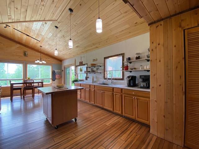 3653 Front St, Barnum, MN 55707 - kitchen featuring open shelves, wood ceiling, hardwood / wood-style flooring, lofted ceiling, and a center island