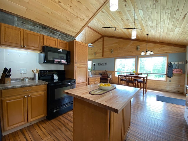 3653 Front St, Barnum, MN 55707 - kitchen with black appliances, wooden ceiling, wood counters, hardwood / wood-style floors, and wooden walls