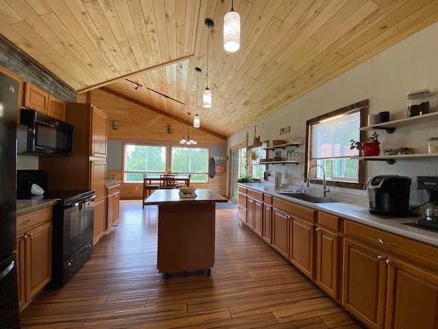 3653 Front St, Barnum, MN 55707 - kitchen with black appliances, wooden ceiling, open shelves, a kitchen island, and vaulted ceiling