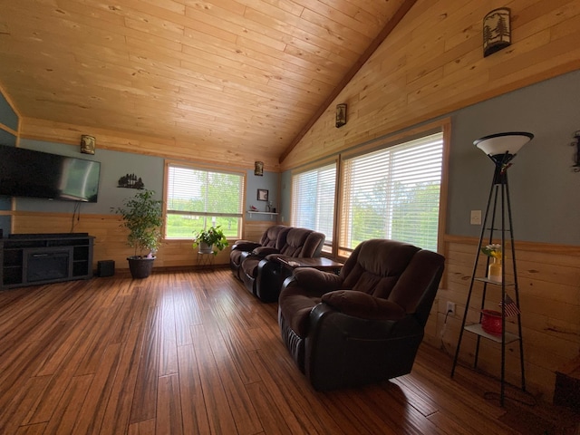 3653 Front St, Barnum, MN 55707 - living room with wood walls, hardwood / wood-style floors, a wainscoted wall, wooden ceiling, and high vaulted ceiling