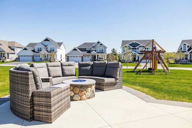 6439 Alvina Ct, Inver Grove Heights, MN 55077 - view of patio / terrace with a residential view, an outdoor living space with a fire pit, and a playground