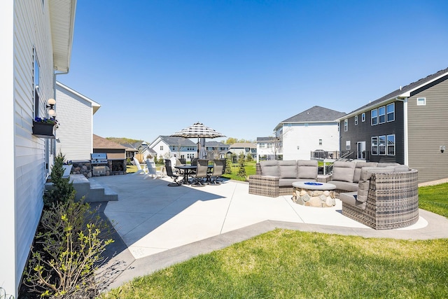 6439 Alvina Ct, Inver Grove Heights, MN 55077 - view of patio / terrace featuring an outdoor living space with a fire pit, a residential view, outdoor dining space, and a grill
