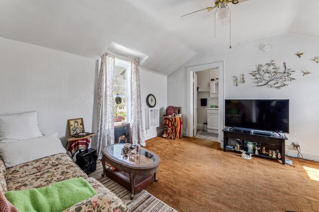 821 5th St, Winona, MN 55987 - carpeted living area featuring lofted ceiling and ceiling fan
