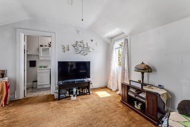 821 5th St, Winona, MN 55987 - living room featuring lofted ceiling, light colored carpet, and a ceiling fan