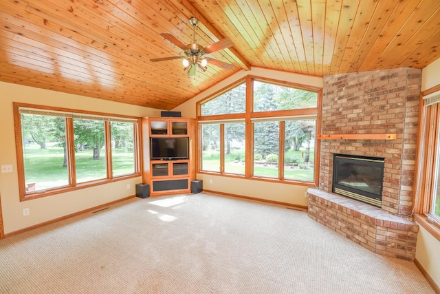 2303 Parkview Rd NE, Alexandria, MN 56308 - unfurnished living room featuring a brick fireplace, carpet flooring, vaulted ceiling, wood ceiling, and ceiling fan