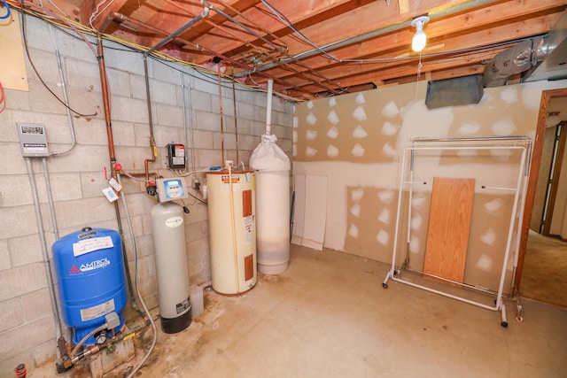 2303 Parkview Rd NE, Alexandria, MN 56308 - unfinished below grade area with electric water heater, a water softener, a water pressure tank, and concrete block wall