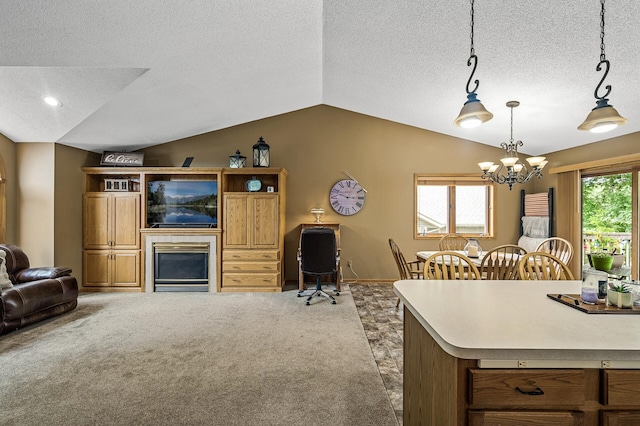 3894 Kestrel St SW, Prior Lake, MN 55372 - living area with vaulted ceiling, a chandelier, a textured ceiling, and carpet floors