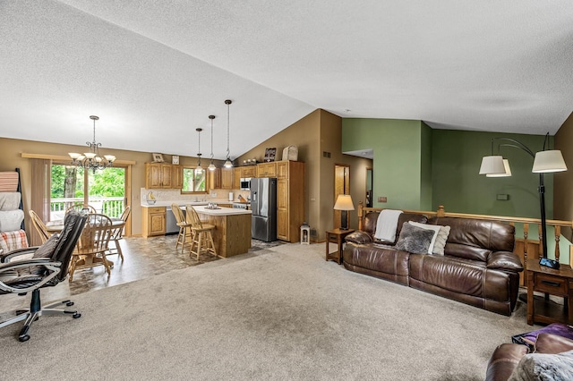 3894 Kestrel St SW, Prior Lake, MN 55372 - living room featuring lofted ceiling, a textured ceiling, a chandelier, and light carpet