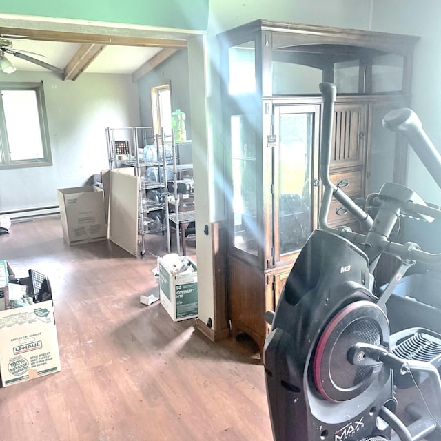 36777 280th St SE, Eden Twp, MN 56646 - miscellaneous room with wood finished floors, beamed ceiling, baseboard heating, and a ceiling fan