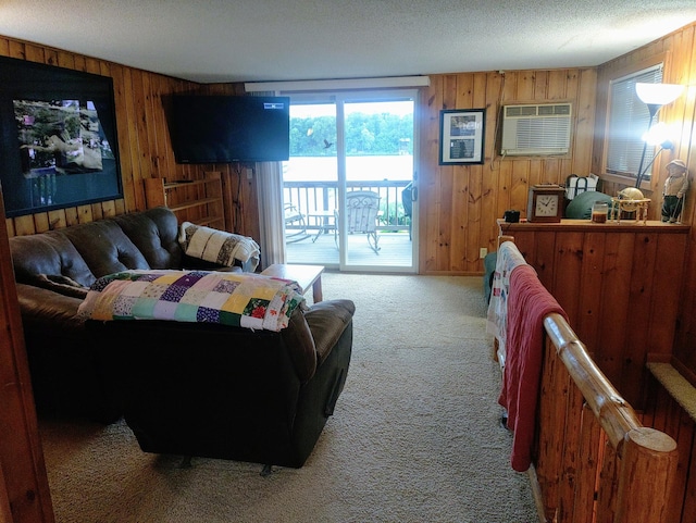 1959 79th St, Georgetown Twp, WI 54853 - living room featuring wooden walls, carpet flooring, and an AC wall unit