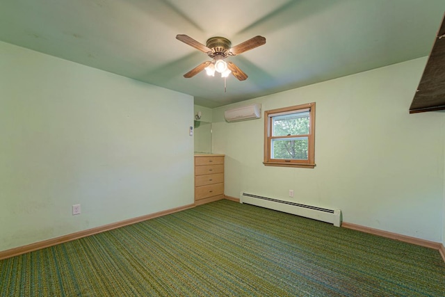 713 Sherman St, North Mankato, MN 56003 - unfurnished bedroom featuring baseboard heating, a wall mounted air conditioner, carpet flooring, and a ceiling fan