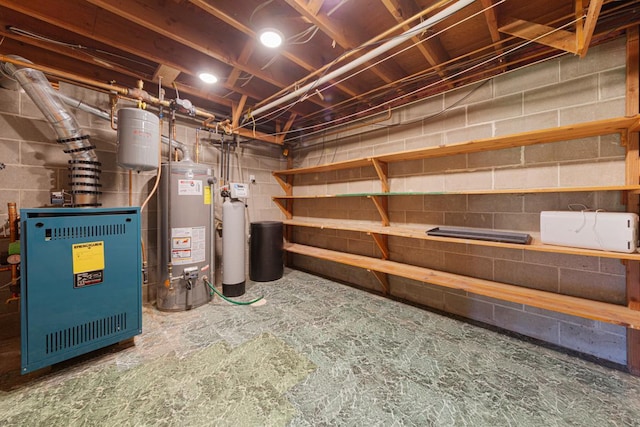 713 Sherman St, North Mankato, MN 56003 - unfinished below grade area featuring water heater, a water softener, a heating unit, and concrete block wall