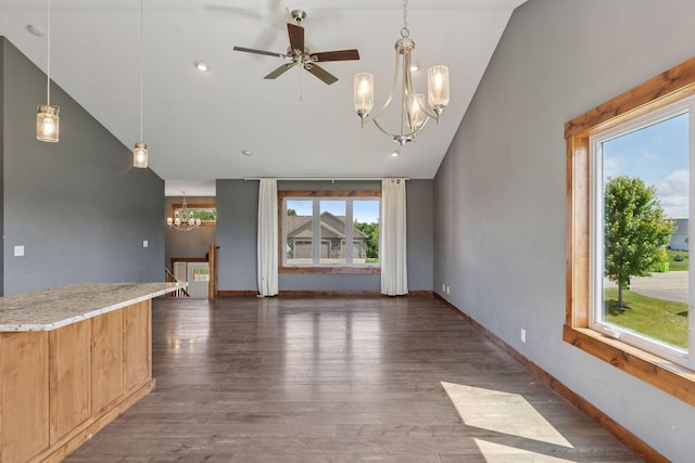 1664 Otter Way, New Richmond, WI 54017 - unfurnished living room with a chandelier, high vaulted ceiling, wood finished floors, and a ceiling fan