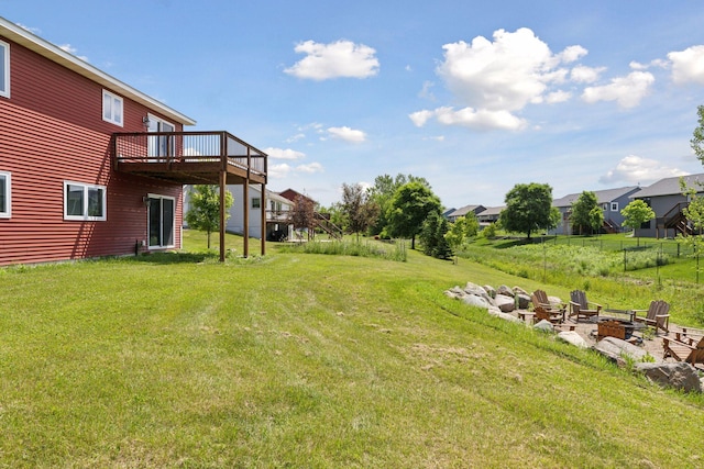 1664 Otter Way, New Richmond, WI 54017 - view of green lawn featuring an outdoor fire pit, a wooden deck, and a residential view